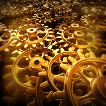 Gold gears and cogs macro Illustrazione stock