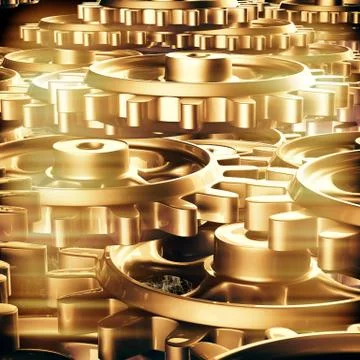 Gold gears and cogs macro Illustrazione stock