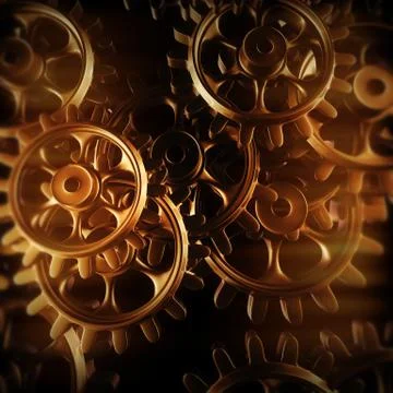 Gold gears and cogs macro Illustrazione stock