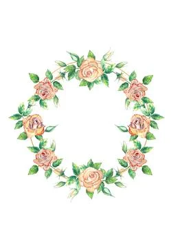 Gold geometric frame decorated with flowers. Peach roses, green leaves, open  Illustrazione stock