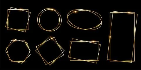 Gold geometric frames with thin borders and shine light effect set, golden foil Stock Illustration