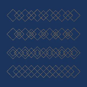 Gold geometric pattern element set. Golden foil embossed borders with shining Stock Illustration