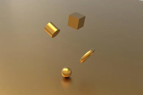 Gold geometric shape form floating 3d rendering Stock Illustration