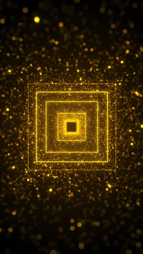Gold geometric sparkle portal visual nested square frames, bright particles Stock Footage 340084243