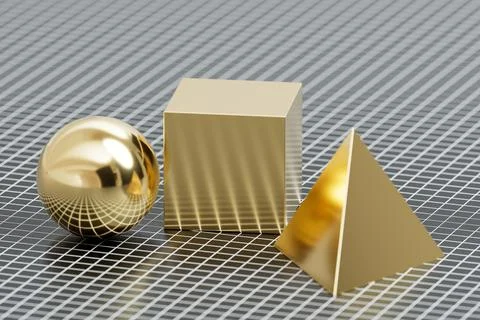 Gold geometric sphere cube and pyramid on black wireframe grid Stock Illustration