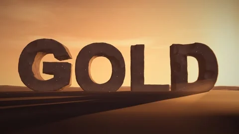 Gold Giant Eroded Stone Letters Standing in a Desert at Sunset with Volumetric Stock Footage 342079514