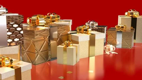 The Gold Gift box on red Background for holiday or celebration concept 3d r.. Stock Illustration