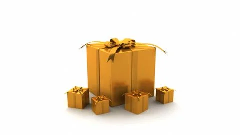 Gold gift boxes with bow on white. 3D rendering Stock Illustration