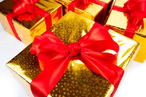 Gold gift boxes Stock Photos