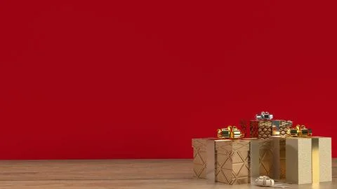 The gold gift boxes on wood table for celebration time 3d rendering.. Stock Photos