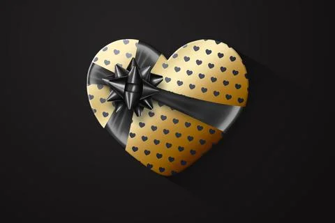 Gold gift wrap, box in the shape of a heart with a festive black bow, on a bl Stock Illustration