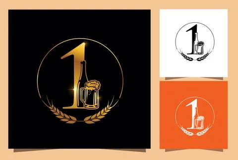 Gold Glass and Bottle Beer Numeric 1 Stock Illustration