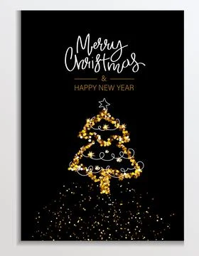 Gold Glitter card with Christmas tree. Lettering Merry Christmas and Happy Ne Stock Illustration