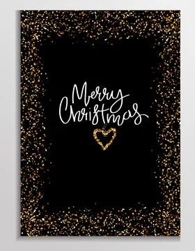 Gold Glitter card with hart and sparkle frame. Lettering Merry Christmas and Stock Illustration