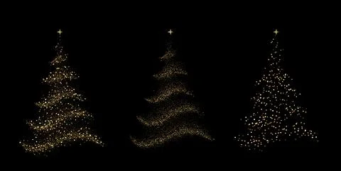 Gold Glitter Christmas tree with star on black background. Abstract Shiny Stock Illustration