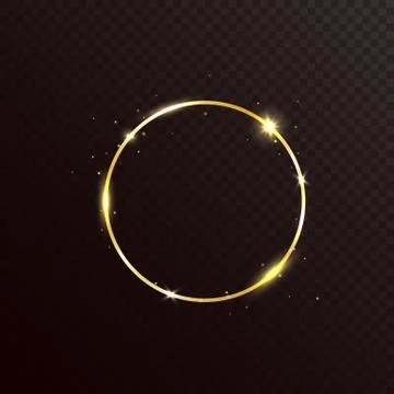 Gold glitter circle frame with light effect. Golden bright banner on dark tra Stock Illustration