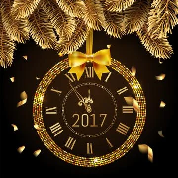 Gold glitter disco Vector 2017 Happy New Year background with gold clock and Illustrazione stock