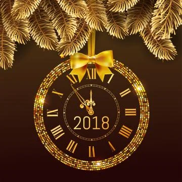 Gold glitter disco Vector 2017 Happy New Year background with gold clock and Stock Illustration