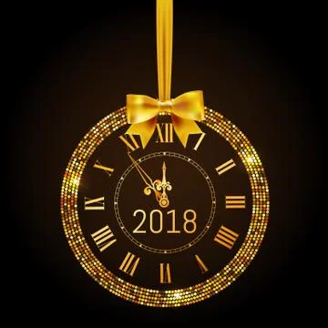 Gold glitter disco Vector 2017 Happy New Year background with gold clock and Stock Illustration
