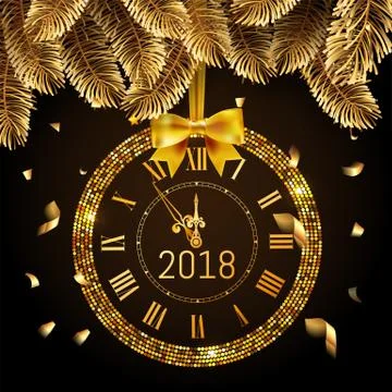 Gold glitter disco Vector 2017 Happy New Year background with gold clock and Stock Illustration