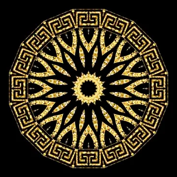 Gold glitter flower vector mandala pattern. Greek style ethnic background Stock Illustration