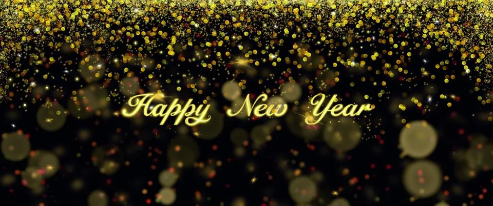 Gold glitter gradient sparkling background with happy new year inscription on Stock Illustration