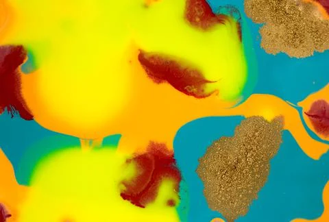 Gold glitter ink drops pattern. Fluorescent artwork liquid paint background. Stock Illustration