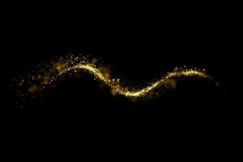 Gold glitter particles lights trail and bokeh on a black background. Abstract Stock Photos
