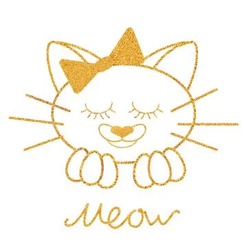 Gold glitter texture cat with bow on white Stock Illustration