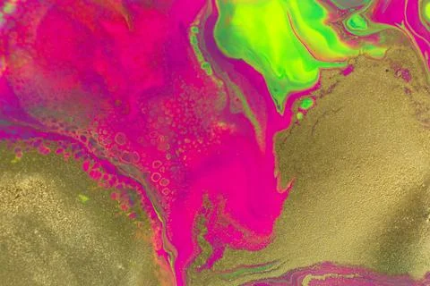 Gold glitter texture on fluorescent inks marble background. Stock Illustration