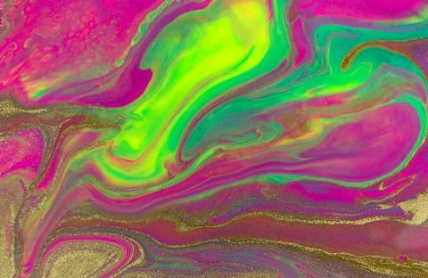 Gold glitter texture on fluorescent inks marble background. Stock Illustration