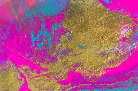 Gold glitter texture on fluorescent inks marble background. Stock Illustration