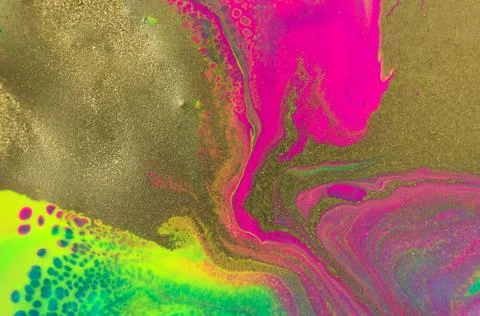 Gold glitter texture on fluorescent inks marble background. Stock Illustration