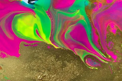 Gold glitter texture on fluorescent inks marble background. Stock Illustration