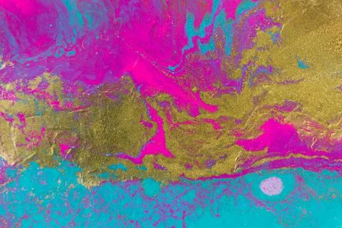 Gold glitter texture on fluorescent inks marble background. Stock Illustration