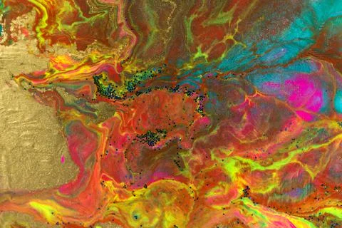 Gold glitter texture on fluorescent inks marble background. Stock Illustration