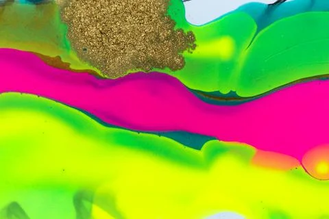 Gold glitter texture on fluorescent inks marble background. Stock Illustration