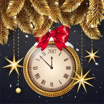 Gold glitter Vector 2017 Happy New Year background with gold clock and christmas Illustrazione stock