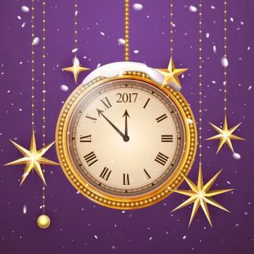 Gold glitter Vector 2017 Happy New Year background with gold clock and christmas Illustrazione stock