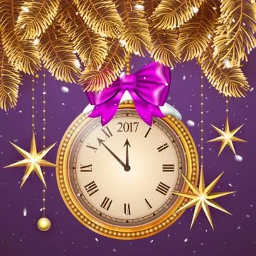 Gold glitter Vector 2017 Happy New Year background with gold clock and christmas Stock Illustration