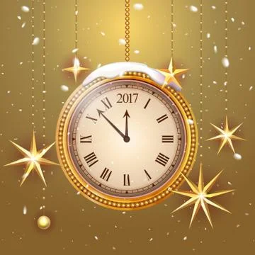 Gold glitter Vector 2017 Happy New Year background with gold clock and christmas Stock Illustration