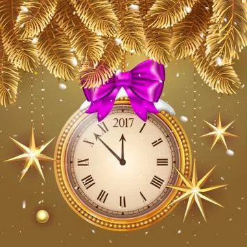 Gold glitter Vector 2017 Happy New Year background with gold clock and christmas Stock-Illustration