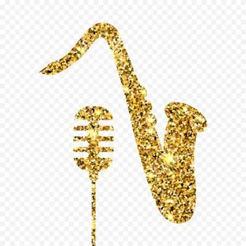 Gold glitter vector Old microphone and saxophone. Golden sparcle retro Stock Illustration
