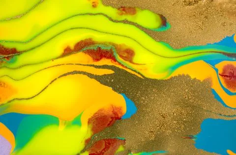 Gold glitter wave pattern. Fluorescent artwork liquid paint background. Illustrazione stock