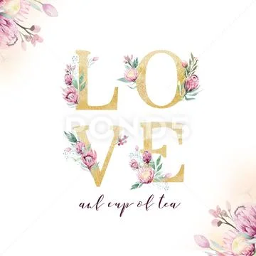 Gold glitter wedding love. Isolated Golden alphabetic fonts and numbers on white Stock Illustration