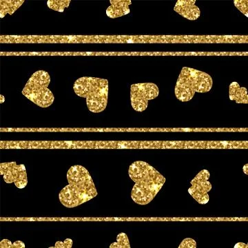 Gold glittering heart seamless pattern. Horizontal striped background Illustrazione stock