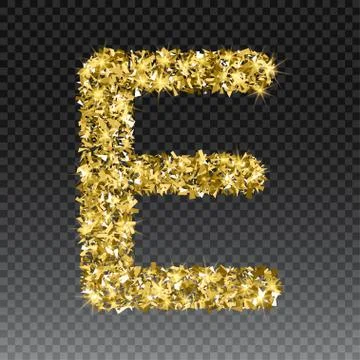Gold glittering letter E. Vector shining golden font lettering of sparkles on Stock Illustration