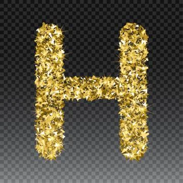 Gold glittering letter H. Vector shining golden font lettering of sparkles on Stock Illustration