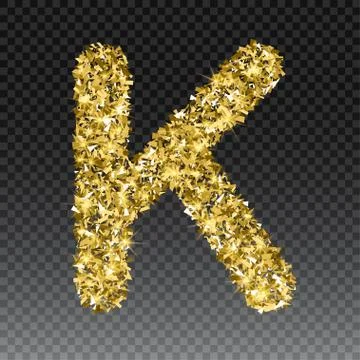 Gold glittering letter K. Vector shining golden font lettering of sparkles on Stock Illustration