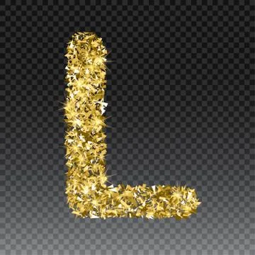 Gold glittering letter L. Vector shining golden font lettering of sparkles on Stock Illustration